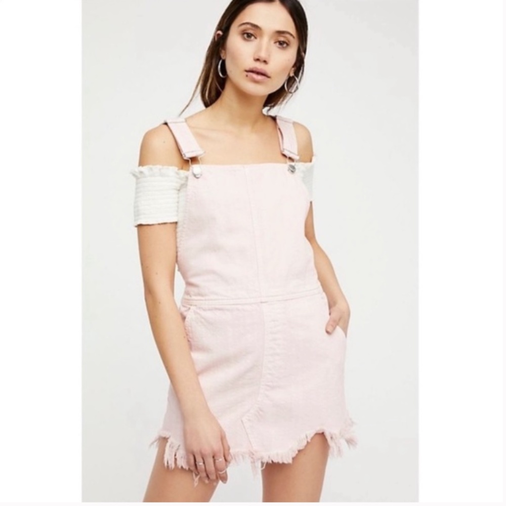 Free People Denim Overall Dress Pink